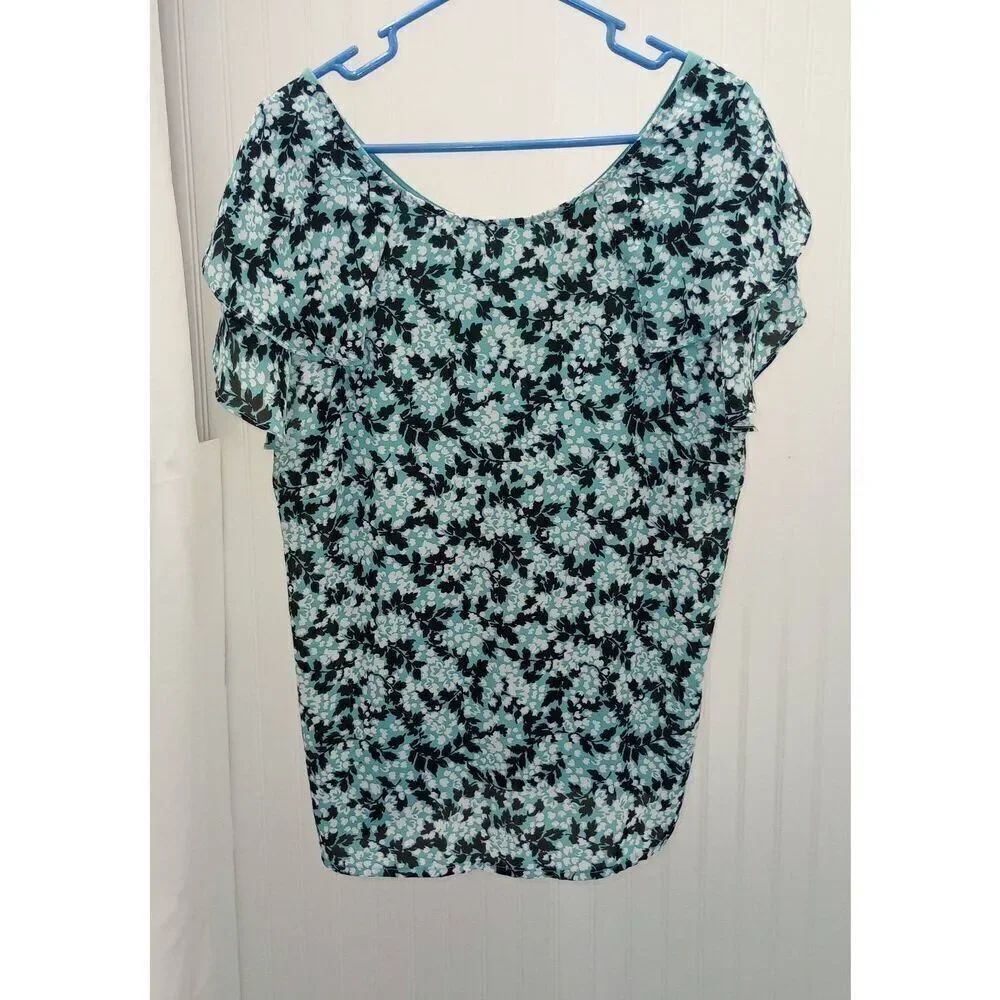 Ann Taylor factory flutter sleeve blue floral blouse size L